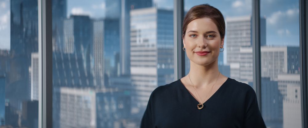 Close Up Portrait of White Businesswoman Posing Next to Window in Big City Office with Skyscrapers.