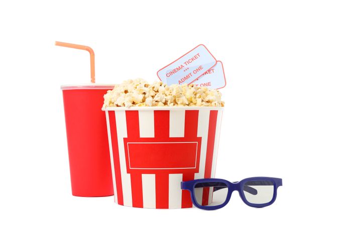 Paper cup, bucket with popcorn and tickets, 3d glasses isolated on blank background