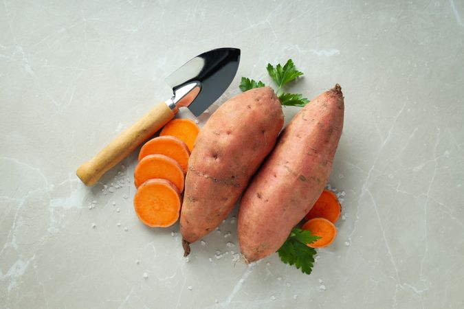 Concept of vegetables, sweet potato, top view