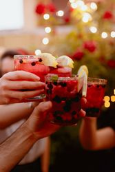 Group of friends clinking glasses at party