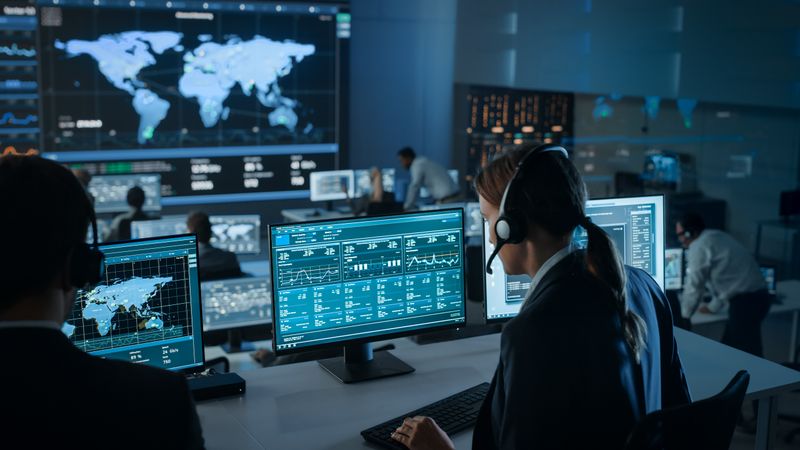 Financial Analysts Monitor Global Markets in High-tech Trading Room.