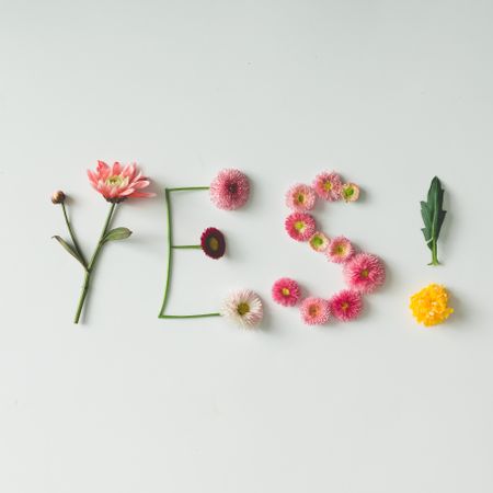 Word "YES" made of flowers on bright background