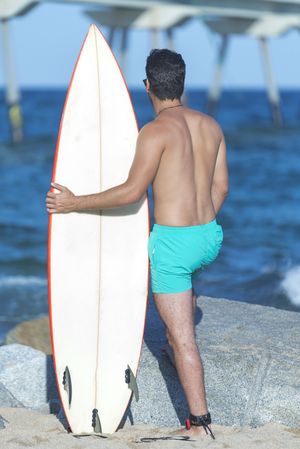 Back of male surfer standing on rock near sea with board, vertical