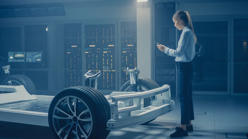 Automobile Engineer Working on Electric Car Chassis Platform, Using Tablet Computer Augmented Reality with 3D CAD Software Modelling.