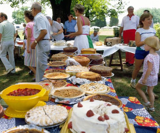 Cakes and pies line the tables at a family reunion in North Carolina