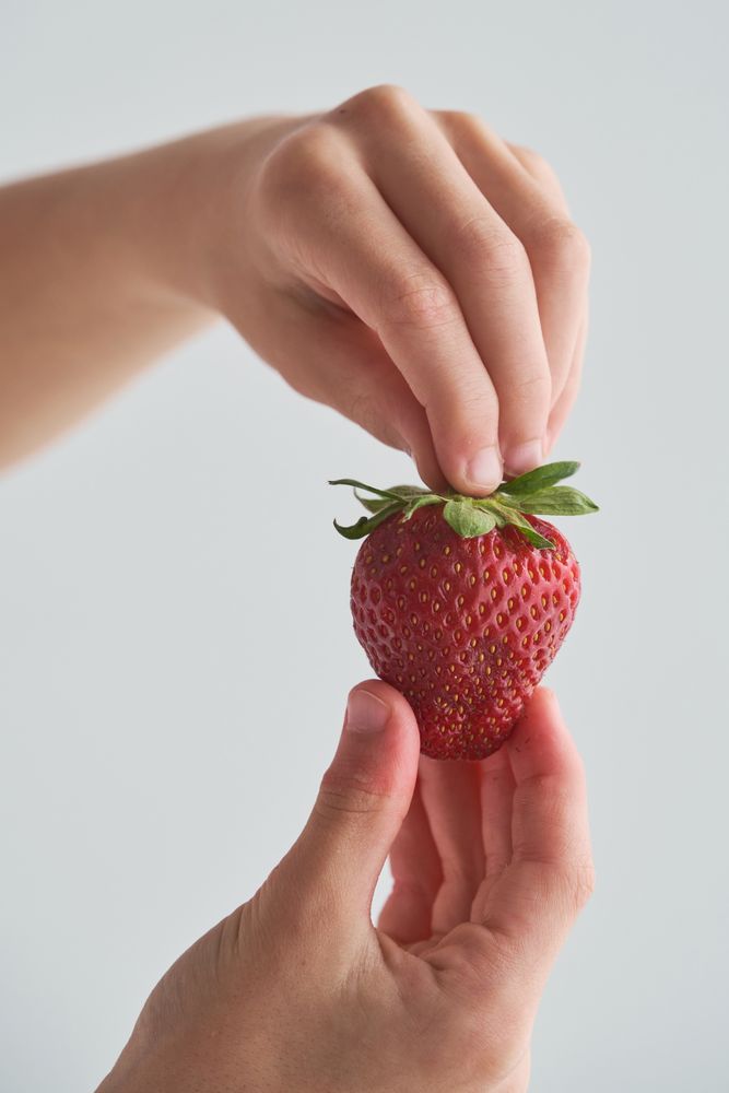 Unrecognizable person demonstrating fresh red strawberry