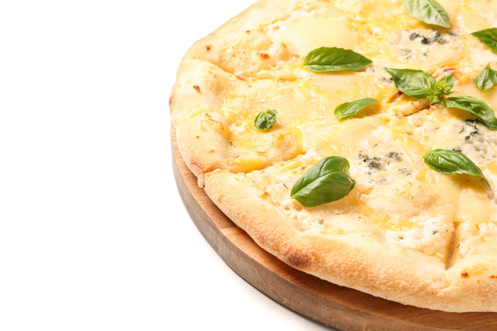 Wooden board with cheese pizza isolated on blank background