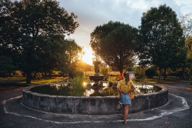 Female admiring sunset in park
