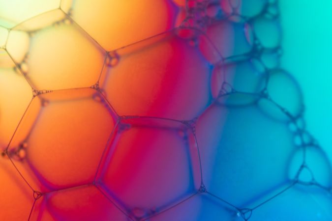 Abstract background bio technology, macro photography foam and water with gradient background. Molecule multicolor backgorund