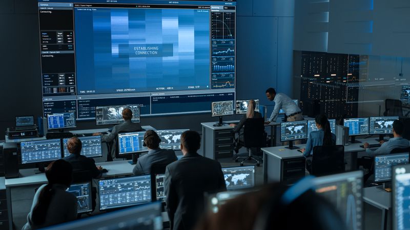 Diverse Team in a High-tech Control Room Monitors Data on Multiple Screens, Ensuring Seamless Communication and System Management.