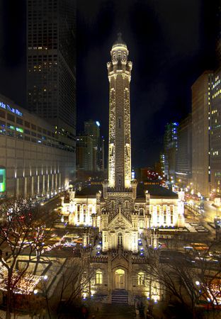 Old Water tower in Chicago, IL,US at night
