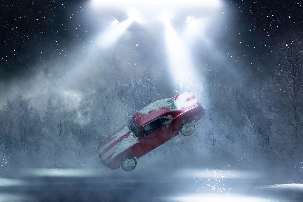 UFO Abducting a Snow-Covered Car