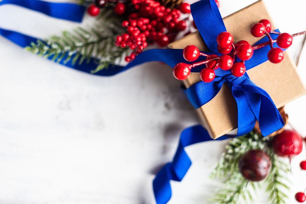 Giftbox wrapped in blue bow with holly and pine
