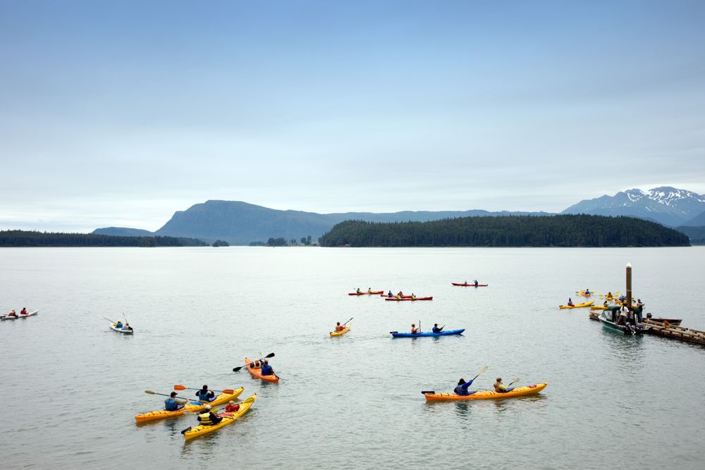 Multiple kayakers crossing vast bay in Juneau, Alaska