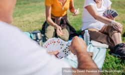 View of man’s playing card over picnic bGVpA4