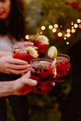 Group of cheerful friends clinking glasses at party