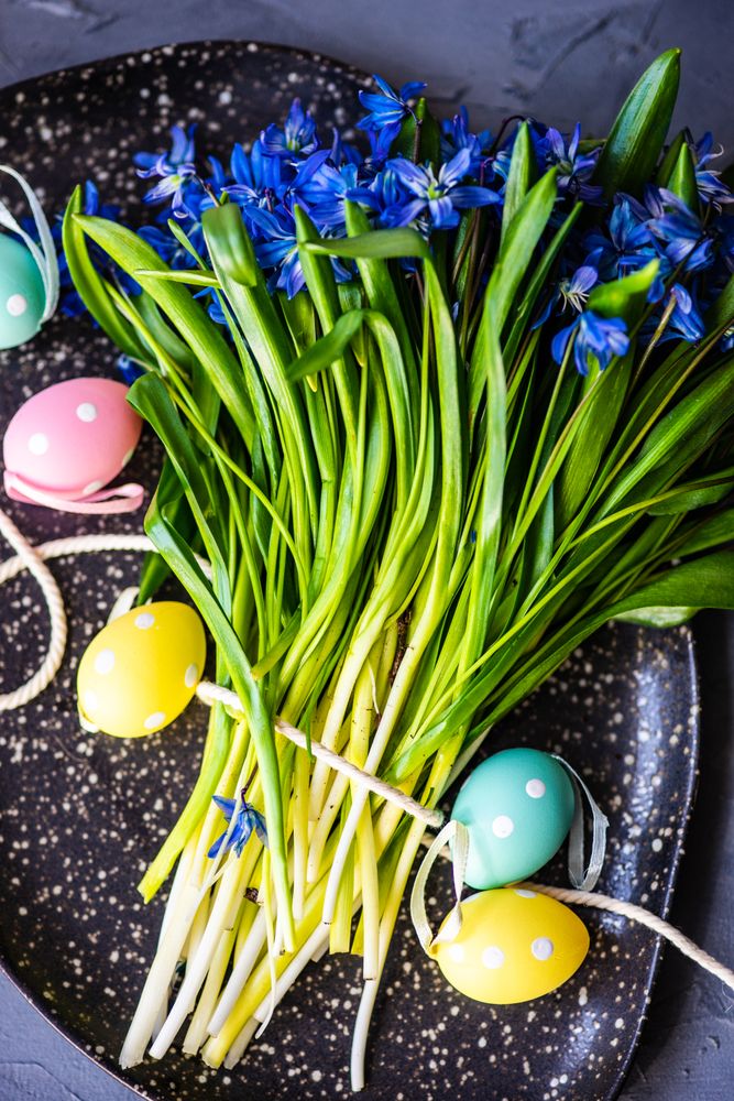 Easter table setting with pastel eggs and scilla blue flowers