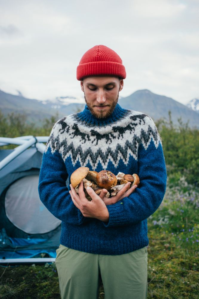 Man with tent wearing blue wool sweater cradling pile of foraged  mushrooms