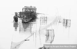 Grayscale photo of man pulling boat on water 0LXJe0