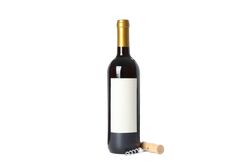 Corkscrew and bottle with red wine isolated on plain background