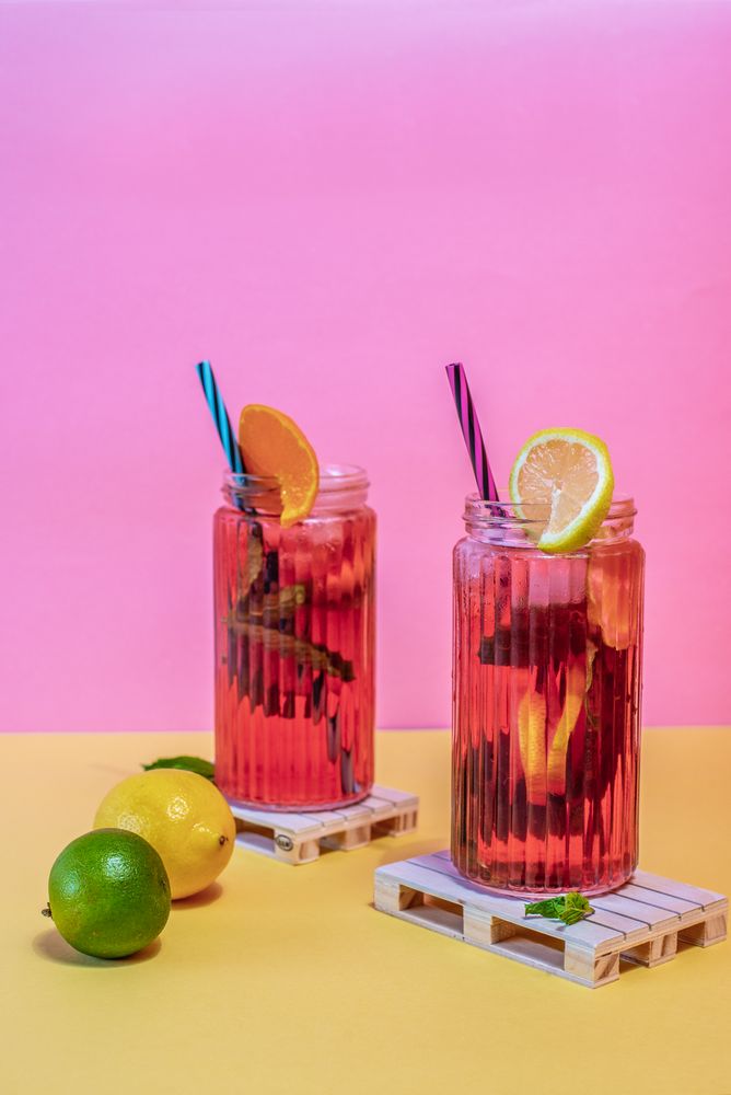 Jars of pink cold ice tea