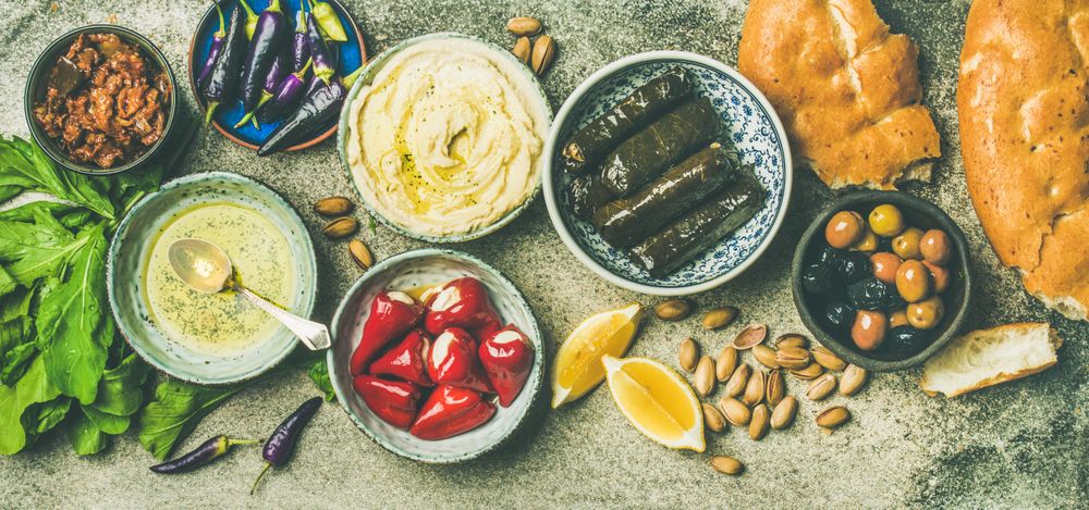 Mediterranean, Middle Eastern appetizers in bowls