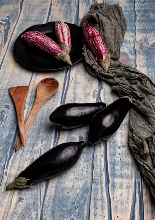 Ripe eggplants on tabletop