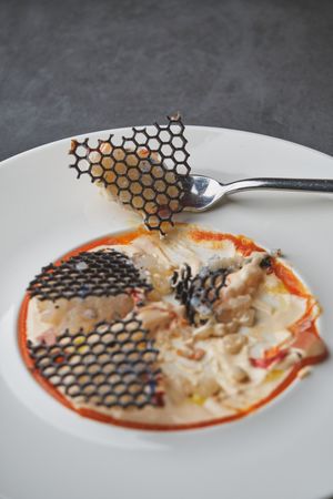 Delicious squid carpaccio with elegant squid ink grating