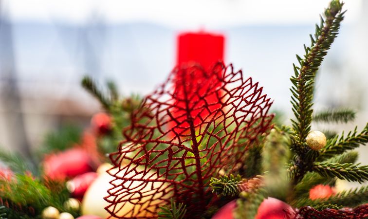 Christmas festive composition of side view of branch center piece