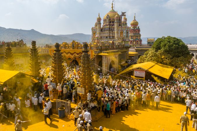 Jejuri, Maharashtra, India - Dec 30, 2024: Palkhi of Lord Khandoba at the famous and beautiful Khandoba temple at Jejuri during the festival of Somvati Amavasya