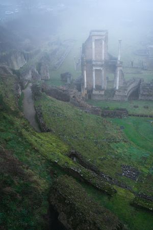 Majestic view of ancient ruins in fog
