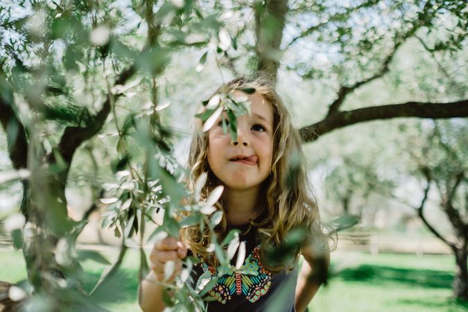 Smiling girl climbing tree in sunny day