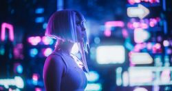 Portrait of an Excited Young Female with Blue Hair Wandering Around a Futuristic Urban Center with Neon Lights and Artificial Intelligence Technology