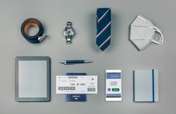 Set with mobile covid passport and businessman trip accessories