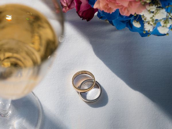 Wedding gold rings close-up. Happy day of creating a new family.