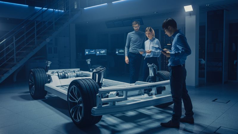 In Automotive Innovation Facility Concept Vehicle Frame Includes Tires, Suspension, Engine and Battery