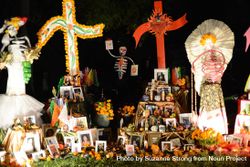 Altar at Day of the Dead with crosses and photos 5RLdAb