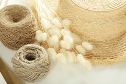 Close up of yarn, hat and dried willows