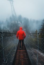 Back view of a person in red jacket walking the rope bridge during daytime