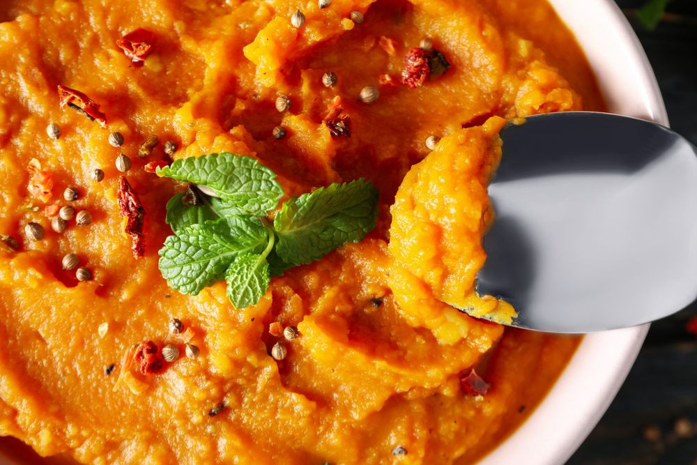 Concept of tasty food, sweet potato puree
