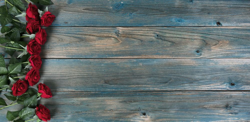 Valentine’s day with red roses on faded blue wood