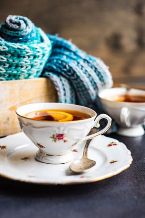 Side view of tea in cup and saucer