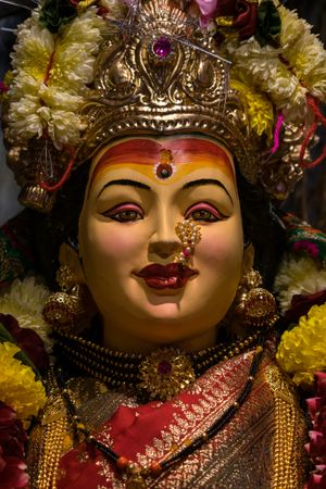 A beautiful idol of Maa Durga being worshipped at a pandal during Navratri in Mumbai, India