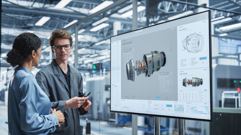 Male and female colleagues presenting from screen