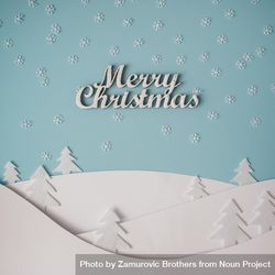 Christmas winter landscape with snowy hills and trees, with the words “Merry Christmas” 5QgkGb
