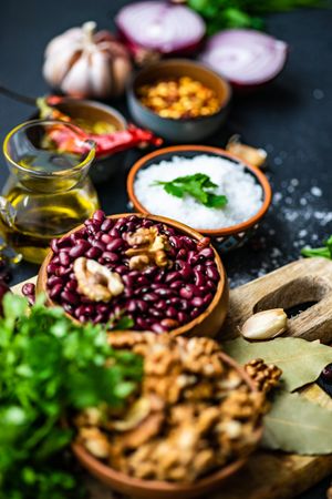 Bowls of ingredients for cooking kidney bean dish