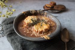 Bowl with French onion soup
