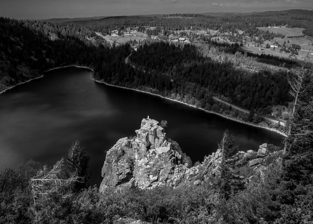 Monochrome shot looking down at lake in France