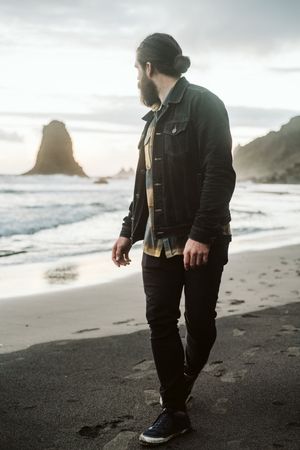 Bearded traveler looking away near sea