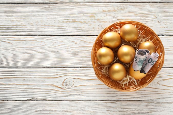 Golden eggs, pension savings, investments, retirement, space for text